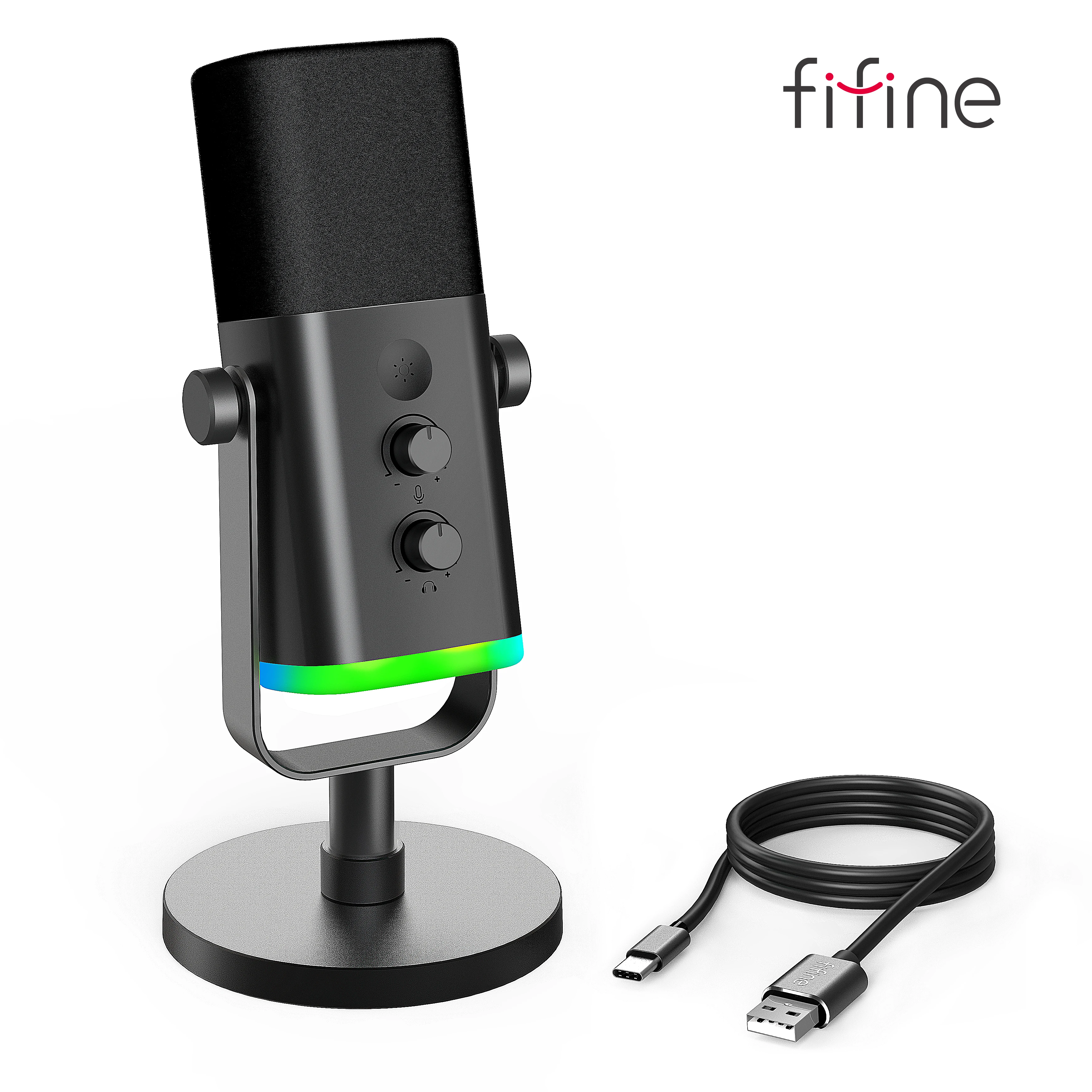 Fifine-usb/xlr microfone dinâmico com controle rgb/fone de ouvido/mudo, para pc, gravação de jogos, streaming, game-am8