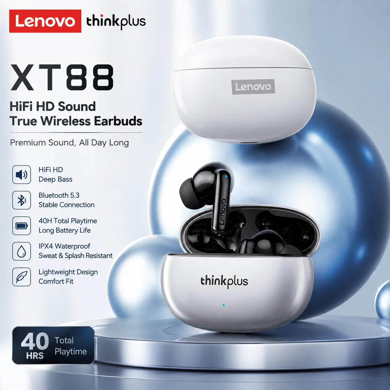 Fones de Ouvido Sem Fio Lenovo XT88 TWS Bluetooth com Microfone Duplo, Redução de Ruído ENC, Bass HIFI, Controle por Toque, Fones de Ouvido para Jogos