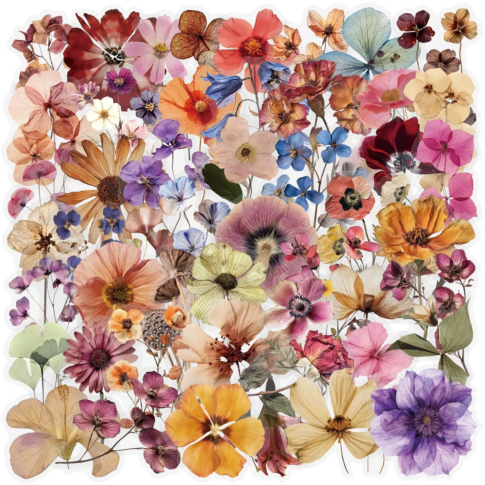 50 Adesivos Transparentes Retrô de Flores Secas Mistas Estéticos para Decoração DIY, Scrapbooking, Celular, Laptop, Caderno e Guitarra