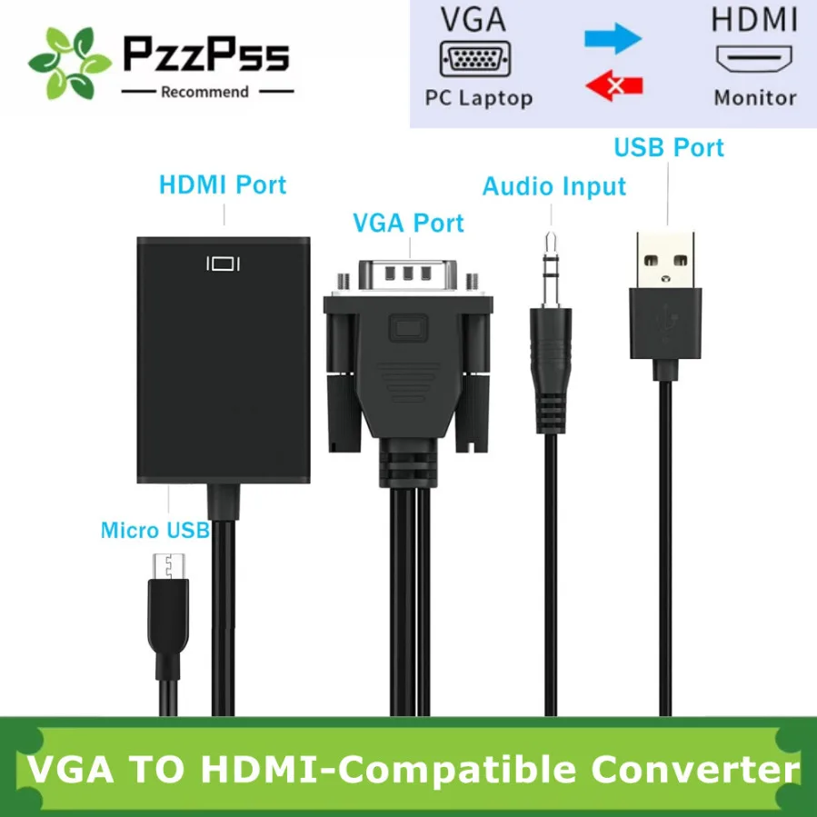 Cabo conversor compatível com vga para hdmi, full hd 1080p, adaptador de cabo vga para hdmi com saída de áudio para pc, laptop, projetor hdtv