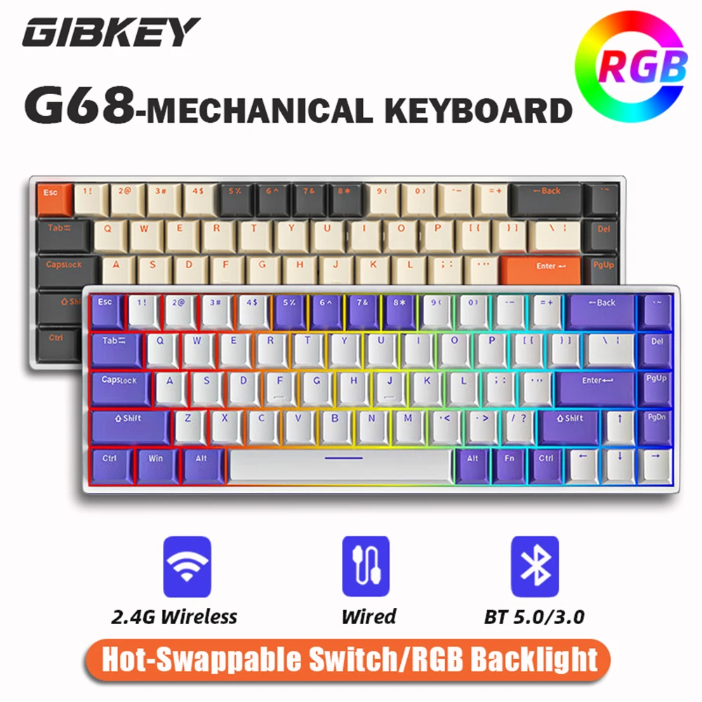 G68 Teclado mecânico sem fio para jogos, Teclado Hot-Swappable Bluetooth, 65% Teclados personalizados, RGB Backlit, Gamer, Tablet, Computador, G68