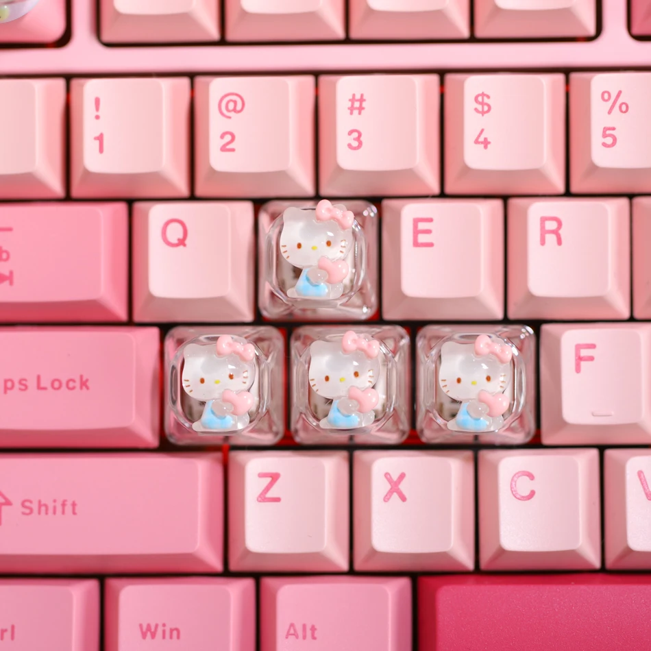 Conjunto de 4 Teclas Transparentes Hello Kitty para Teclado Mecânico Gamer Cherry MX, Teclas RGB Retroiluminadas Rosa WASD