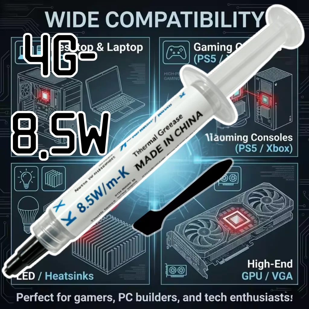 Pasta Térmica de Silicone 8.5W/m·k para Condução de Calor em Computadores, PCs, Laptops, CPUs, GPUs e Placas de Vídeo - 4g (Maior que)