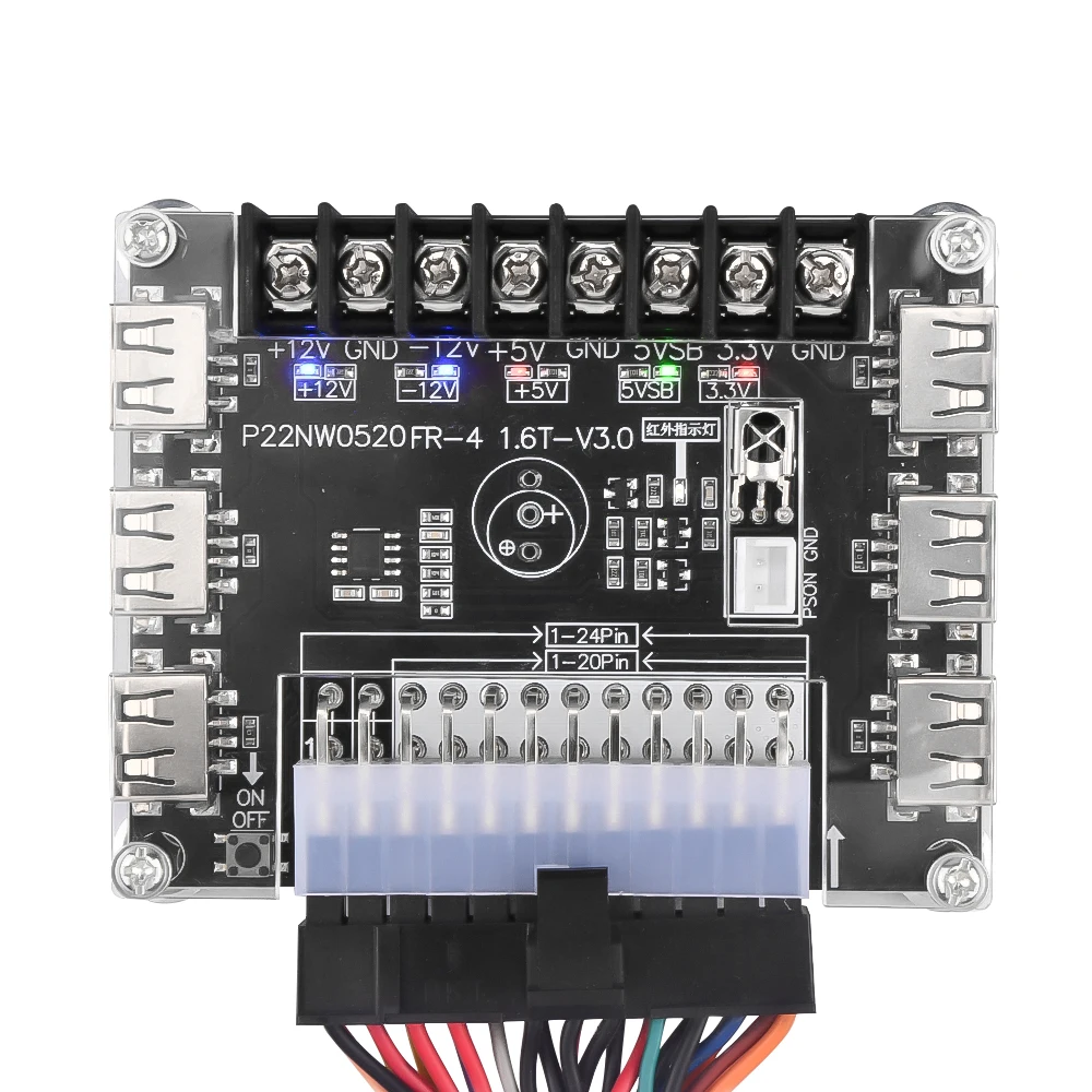 Placa de fuga de fonte de alimentação atx de 24 pinos e kit de caixa de acrílico adaptador de módulo conector de alimentação suporte 12v-12v 5v 5v 5vb 3.3v