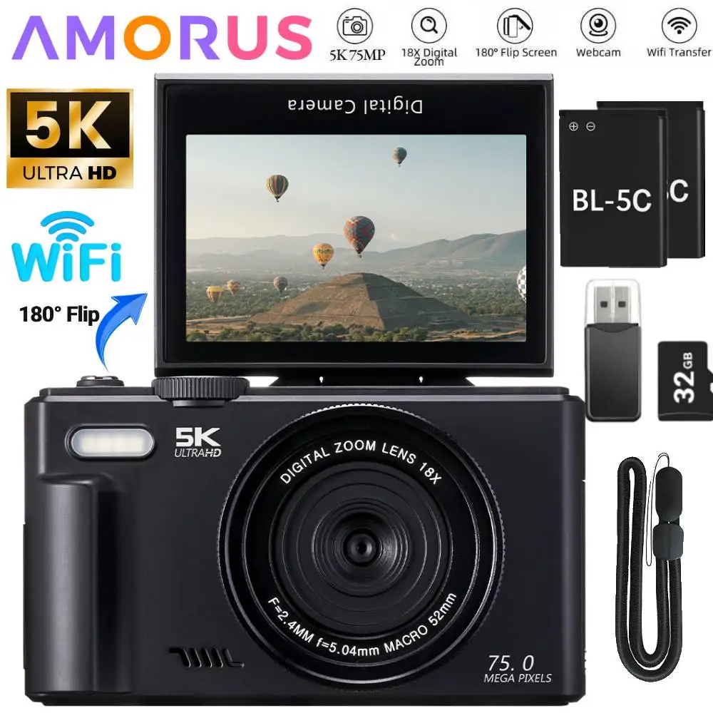 Câmera digital de 75MP para fotografia 5K 18X Zoom digital Gravador de vídeo Vlog vintage para YouTube 180 ° Selfile de tela flip WiFi