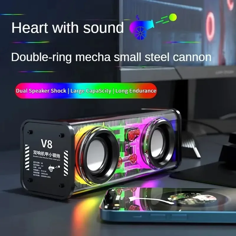 V8 transparente mecha alto-falantes bluetooth 5.0 sem fio duplo baixo diafragma subwoofer música tws rgb luz mini festa alto-falante
