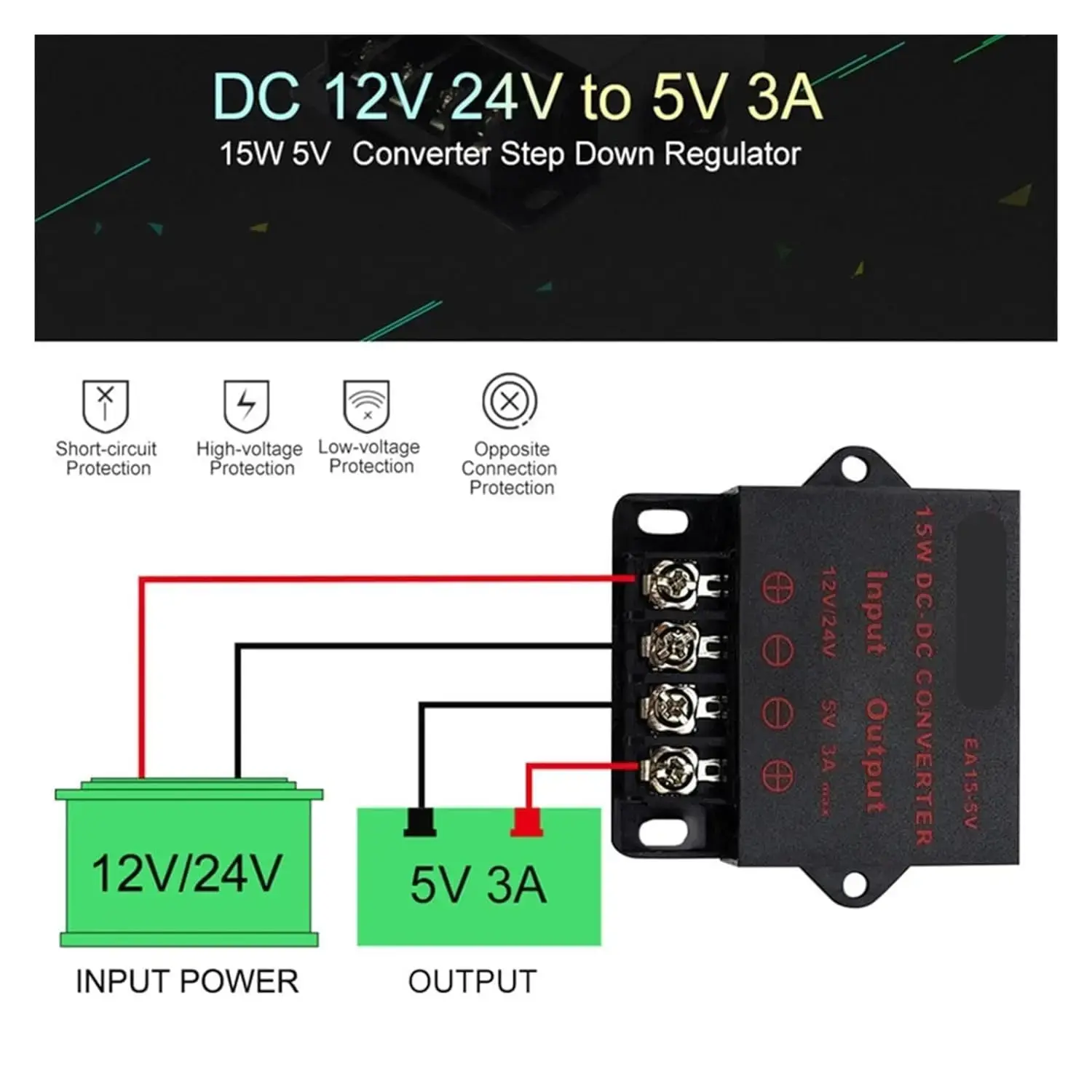 DC Converter Voltage Reducer, Regulador Step Down Buck Converter, Fonte de Alimentação, Módulo Transformador Volt, 12V, 24V a 5V, 3A, 5A, 10A, 15A