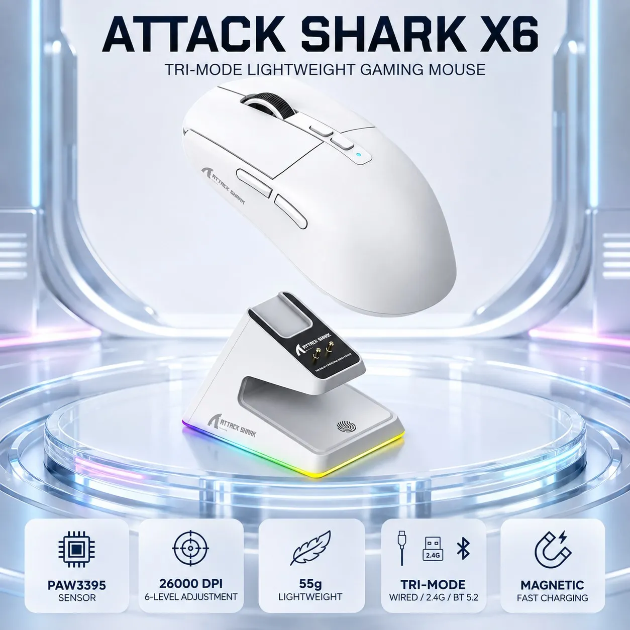 Mouse Gamer Sem Fio ATTACK SHARK X6 PAW3395 26000 DPI 650 IPS 50G 55g Leve HUANO Rosa TTC Dourado RGB Dock para Esports