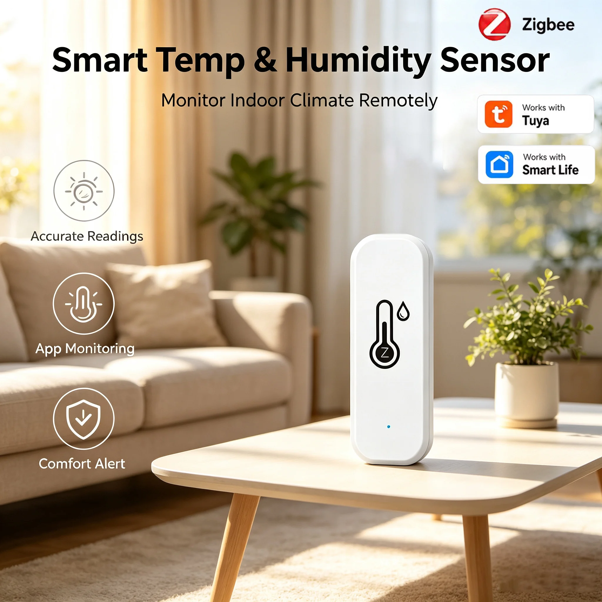 Sensor de temperatura e humidade WiFi Zigbee, higrómetro inteligente para uso doméstico, com monitorização por aplicação, compatível com Tuya SmartLife, Google Home e Alexa.