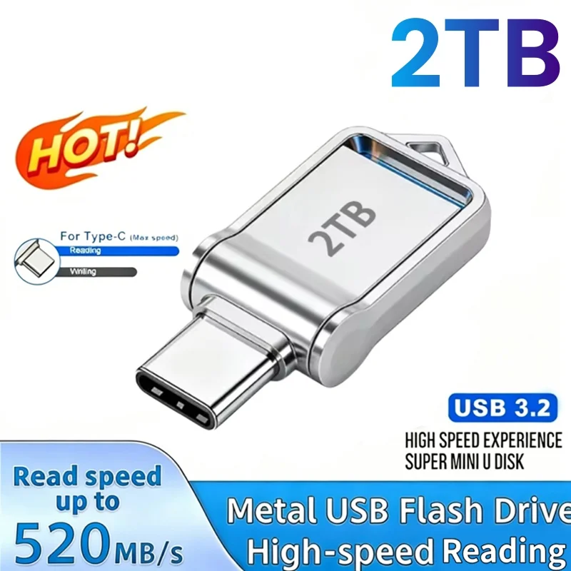 Pen Drive USB 3.2 Tipo-C OTG de Alta Velocidade 2TB, Pen Drive Metálico Portátil para Armazenamento de Dados e Fotos, Novo 2026
