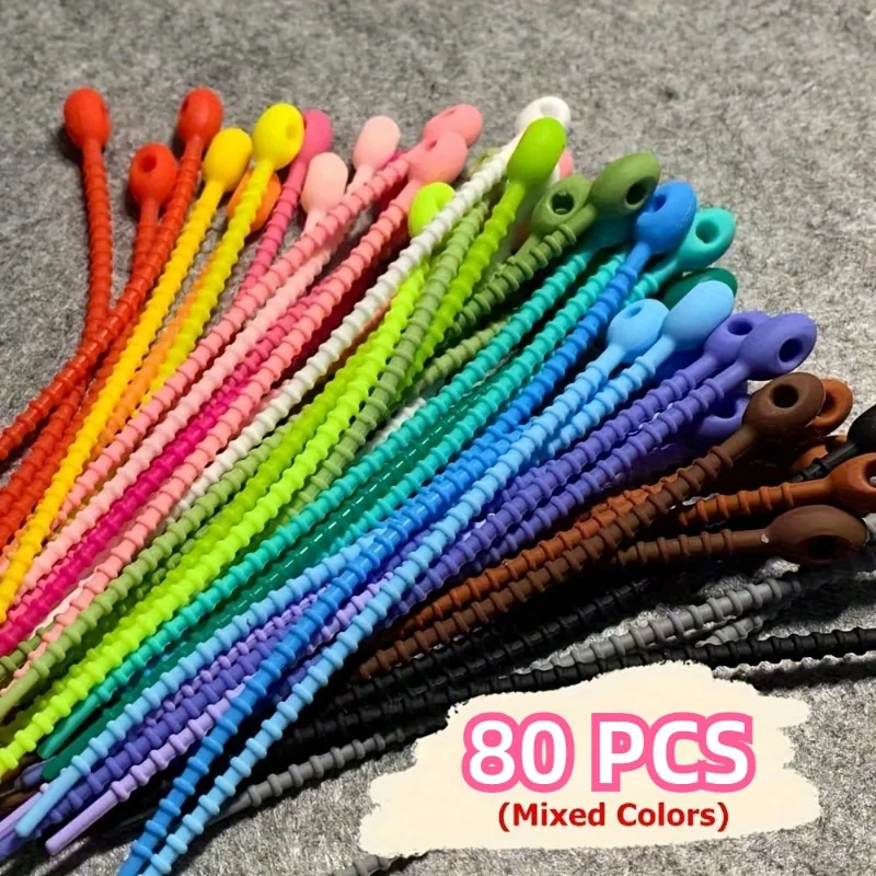 Organizador de fio de cabo torcido e multifuncional, 80 peças, 80 peças, laços de gerenciamento de cabo de silicone para linhas de fone de ouvido Organizador de fio de cabo torcido e multifuncional, 80 peças, 80 peças, laços de gerenciamento de cabo de silicone para linhas de fone de ouvido
