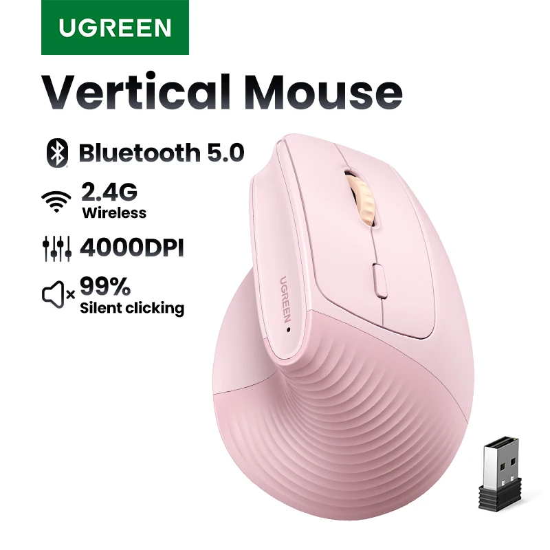 UGREEN Bluetooth 2.4G Vertical Wireless Mouse Ergonômico 4000DPI 6 Botões Mute para MacBook Tablet Laptops