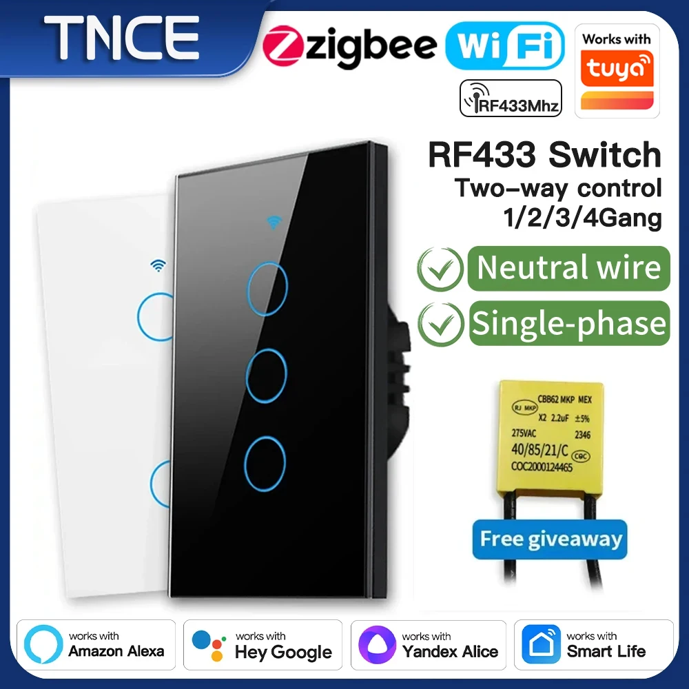 Interruptor inteligente TNCE Tuya US WiFi Zigbee, 1/2/3/4 Gang, sem neutro/com fio, botão de parede para controle de luz LED, controle por voz com Alexa e Google Home