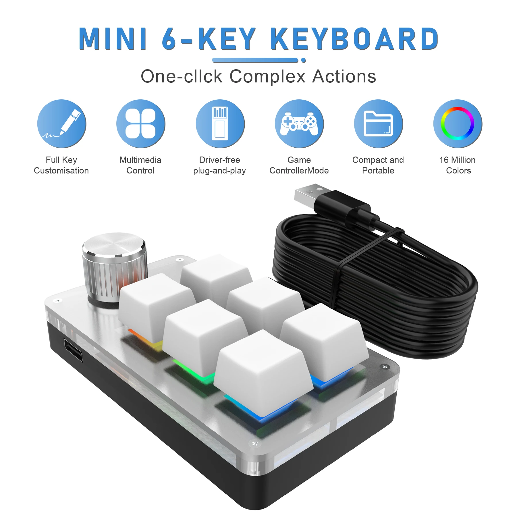 Teclado Mecânico Gamer com 6 Teclas e 1 Botão Rotativo, RGB Personalizável, Programável, com Funções Macro, Hot Swap e Suporte para PS, para Copiar e Colar Teclado Mecânico Gamer com 6 Teclas e 1 Botão Rotativo, RGB Personalizável, Programável, com Funções Macro, Hot Swap e Suporte para PS, para Copiar e Colar