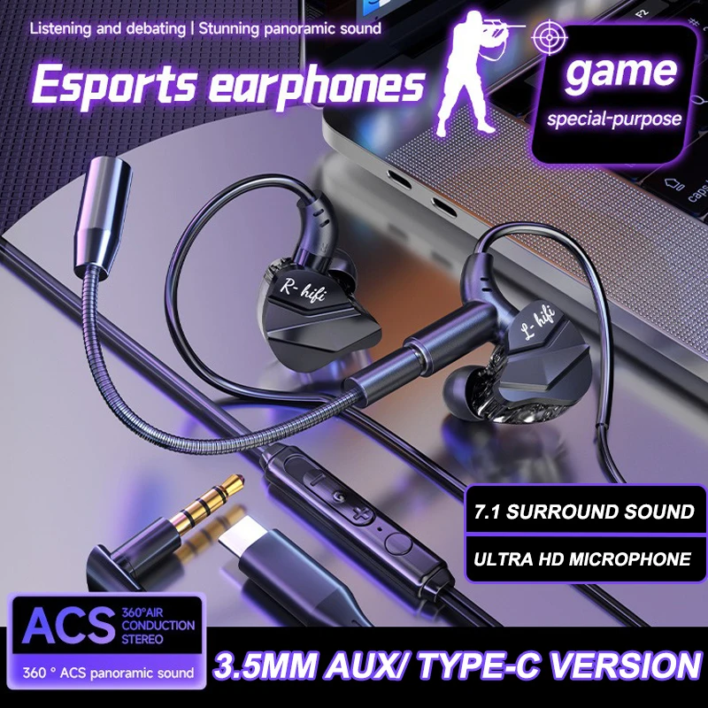 E-sports gaming headset 7.1 som surround estéreo de alta fidelidade com fio fones de ouvido 3.5mm/tipo-c microfone duplo pubg gaming fone de ouvido earbud