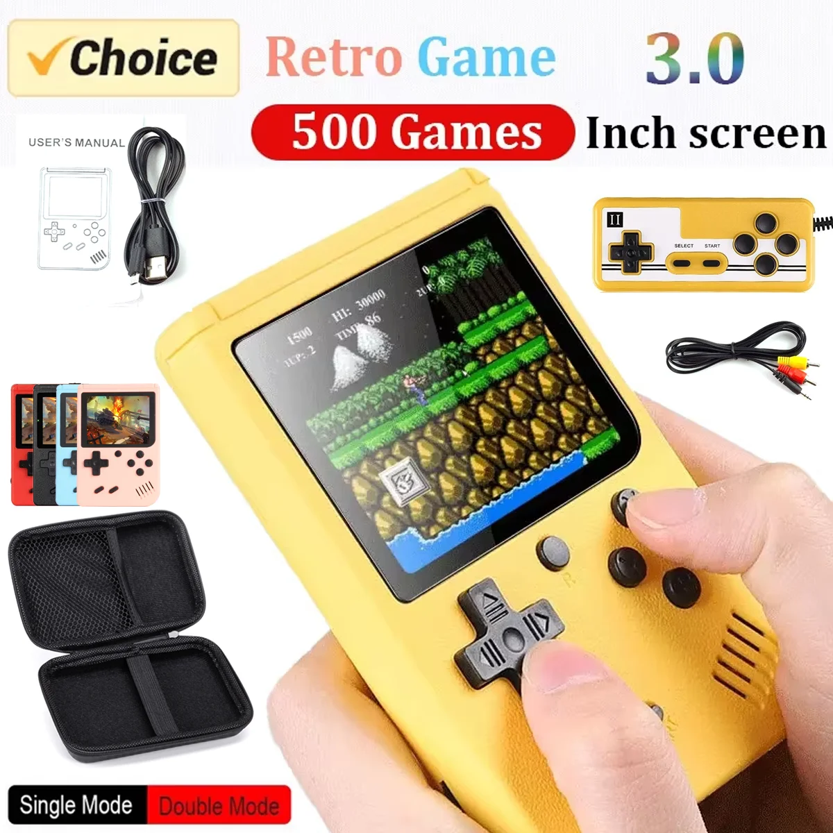 Console de videogame portátil mini portátil retro para crianças, 8 bits, 3.0 Polegada, LCD colorido, jogador do jogo, construído em 500 jogos