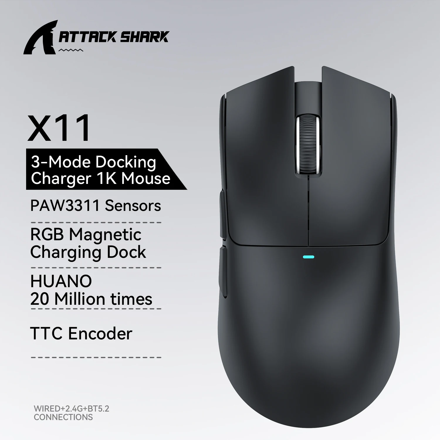 Mouse para jogos ATTACK SHARK X11 e mouse sem fio X11 SE 22000 DPI, sensor PAW3311, BT/2.4G/com fio, 59g leve, cliques de 2.000 W