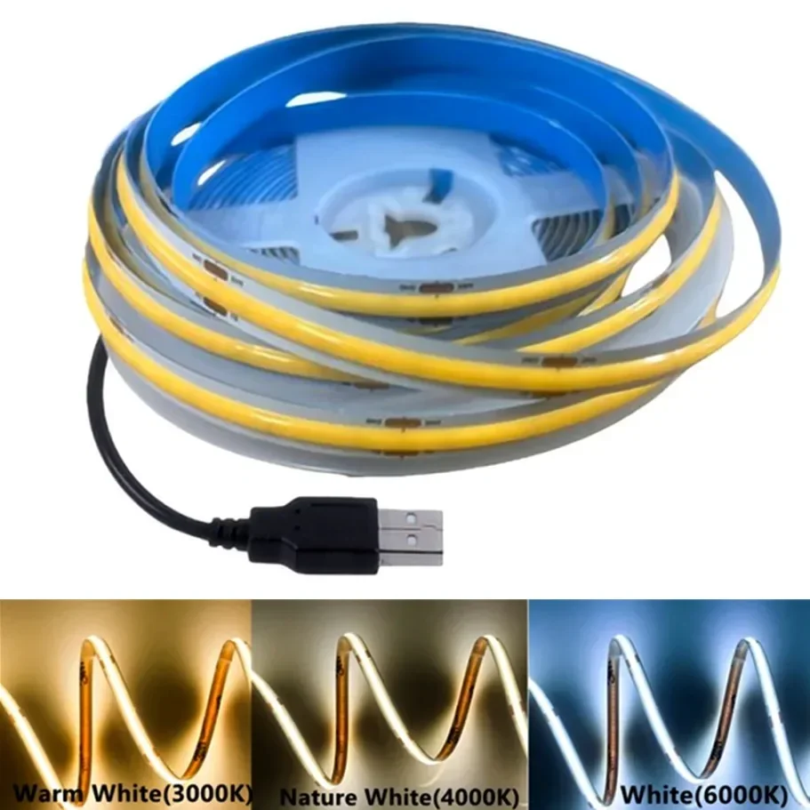 Tira de luz led cob dc5v com fonte de alimentação usb luz 320led/m lâmpada led flexível de alta densidade 3000k/4500k/6500k tira de luz cob