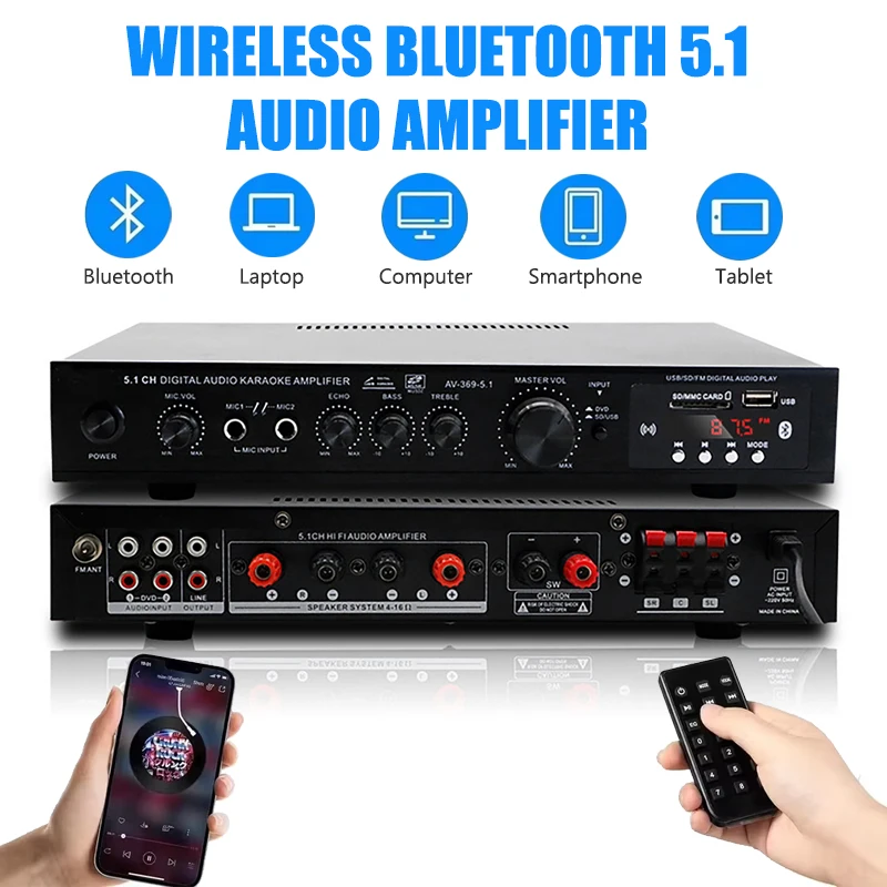 AV-369BT bluetooth 5.1 som alto-falante amp amplificadores de áudio estéreo receptor 6 canais componentes do sistema de áudio estéreo de cinema em casa