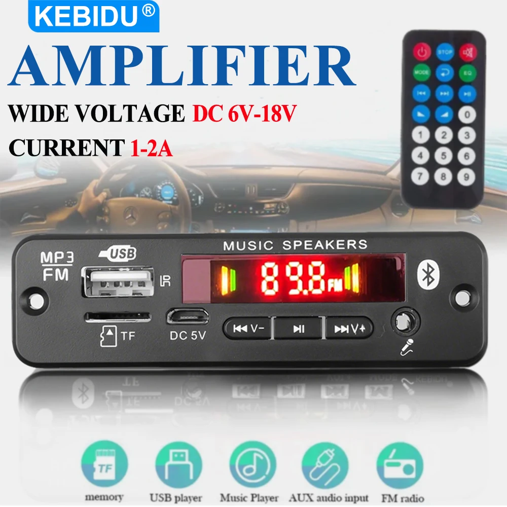 Placa Decodificadora MP3 Bluetooth 5.0 KEBIDU, Amplificador de 40W, Reprodutor de MP3 para Carro, Módulo de Áudio DC 12V, Rádio, TF, USB, AUX, Microfone, Gravação de Chamadas