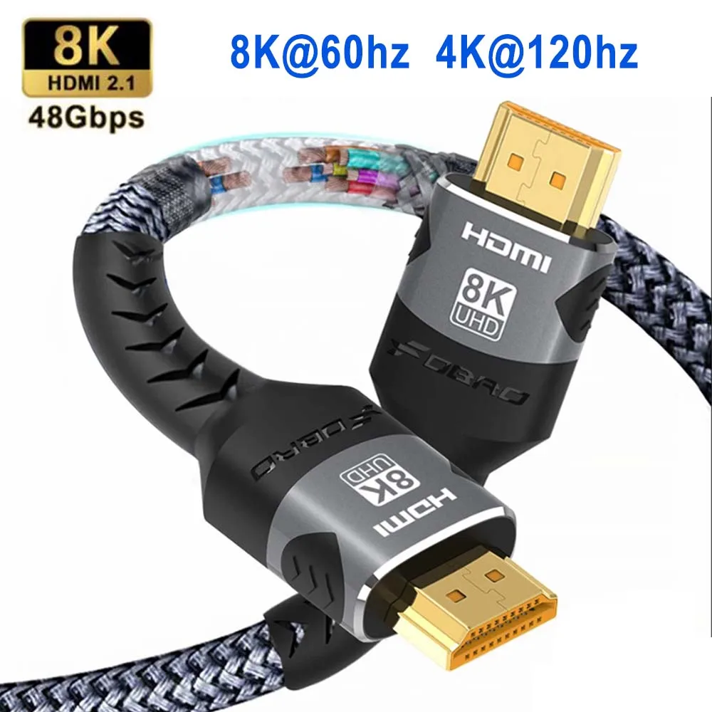 Cabo hdmi 8k @ 60hz 4k @ 120hz, cabo compatível com hdmi, 18gbps, alta velocidade 2.0, cabo trançado para tv, pc, laptop, caixa de tv, ps5, 1m, 2m, 3m