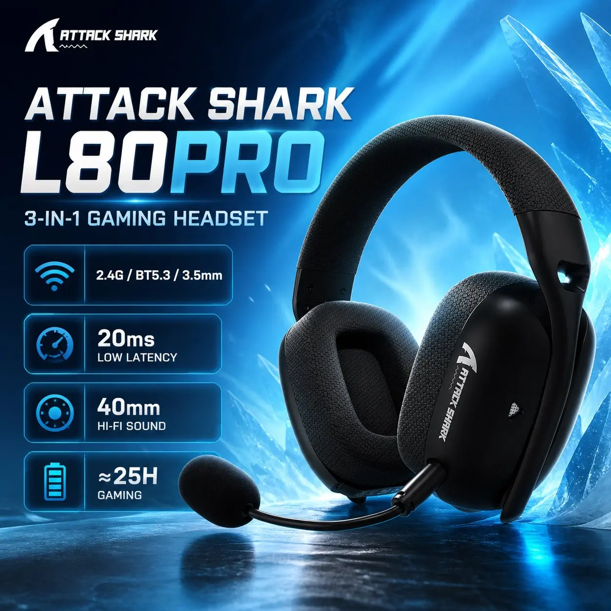 ATTACK SHARK L80PRO Headset Gamer Sem Fio com Microfone ATTACK SHARK L80PRO Headset Gamer Sem Fio com Microfone