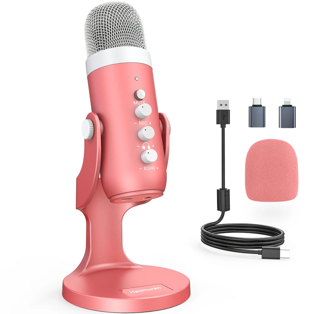 Haomuren microfone condensador usb rosa, microfone de gravação de estúdio para pc, mac, computador, telefone, jogos, streaming, podcasting, laptop, desktop