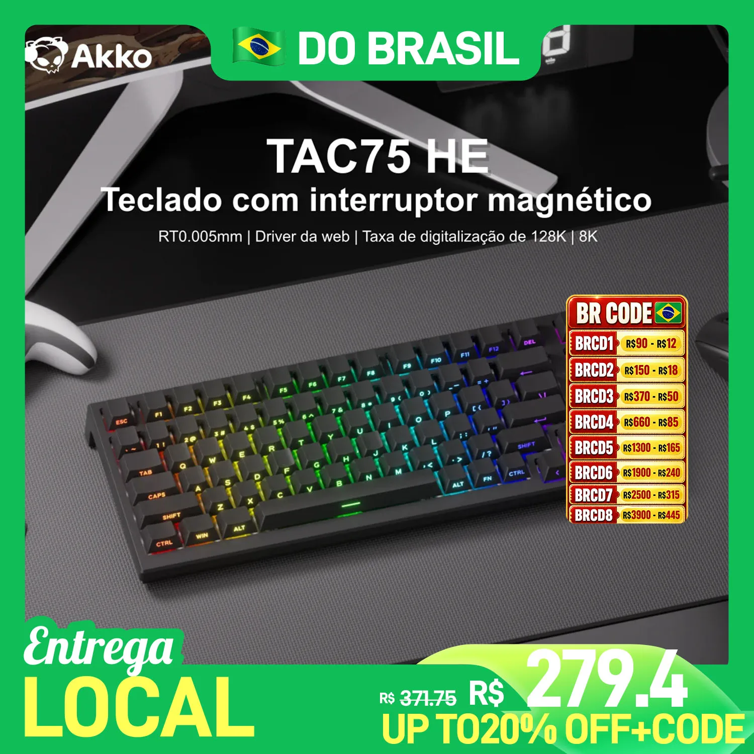Teclado Mecânico Gamer Akko TAC75 HE 75% com Switches Magnéticos, Rapid Trigger 0.005mm, ARGB, Taxa de Polling 8K, com Fio