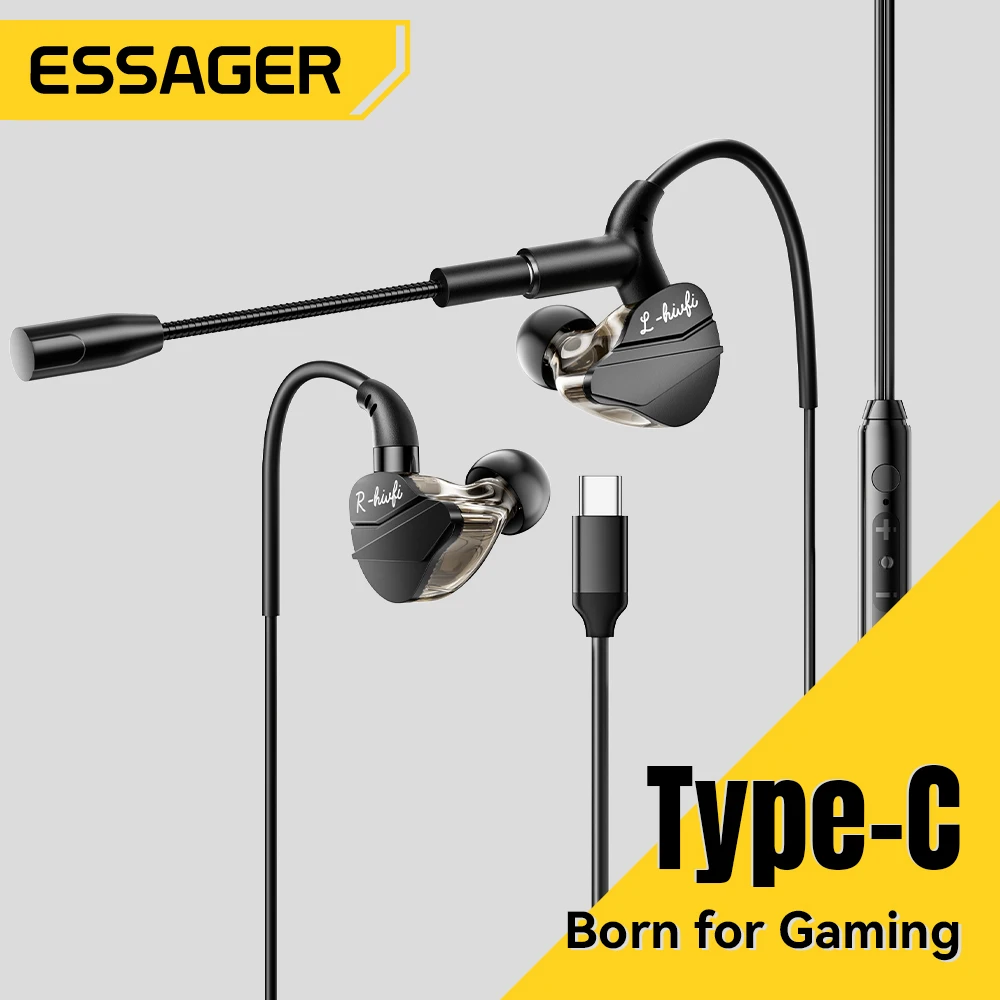 Fones de Ouvido Intra-Auriculares com Fio Essager USB Tipo C para iPhone 16, Samsung, Android, HiFi, Bass Stereo, Jogos com Microfone, Fones de Ouvido de 3,5MM