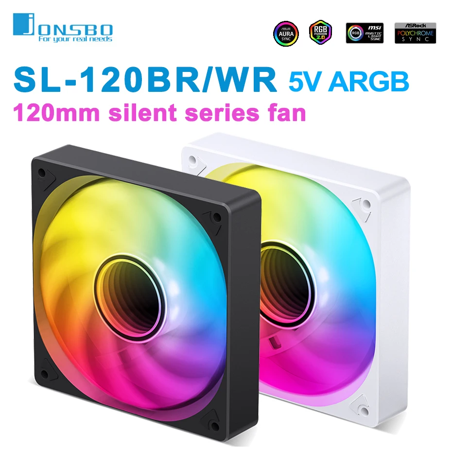 Ventoinha de Gabinete JONSBO SL-120 Branca/Preta 120mm 5V 3PIN ARGB Silenciosa para Cooler de CPU 4PIN PWM com Conexão Serializada e Rotação Reversa