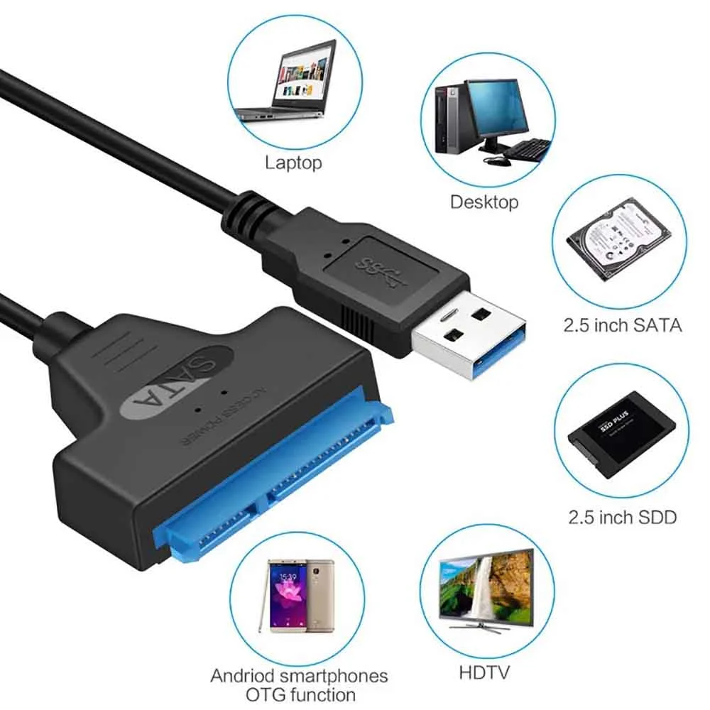 Cabo SATA para USB 3.0 6Gbps para HDD/SSD Externo de 2,5 Polegadas, Adaptador SATA III de 22 Pinos, Cabo USB 3.0 para SATA