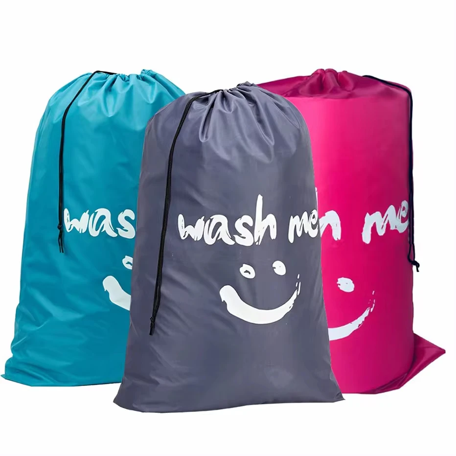 Saco de lavanderia de náilon em forma de sorriso, bolsa de armazenamento de viagem, lavável à máquina, organizador de roupas sujas, saco com cordão para lavar