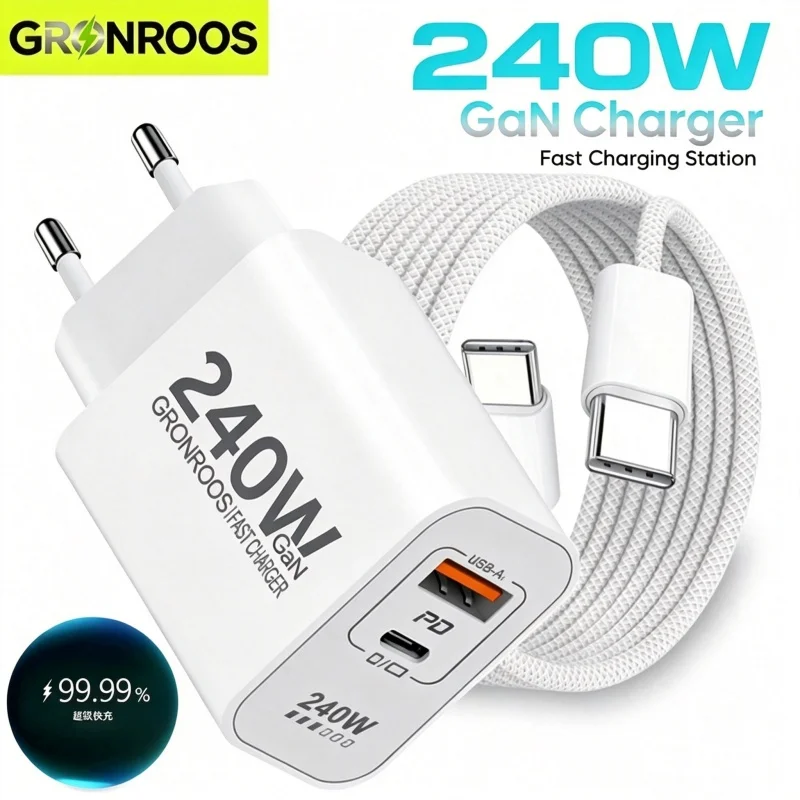 Carregador USB C GaN PD de 240W para iPhone 17 16 15 14 13 12 Pro Max, Carregamento Rápido QC 3.0 PD 3.0 USB Tipo C para Xiaomi Poco iPad