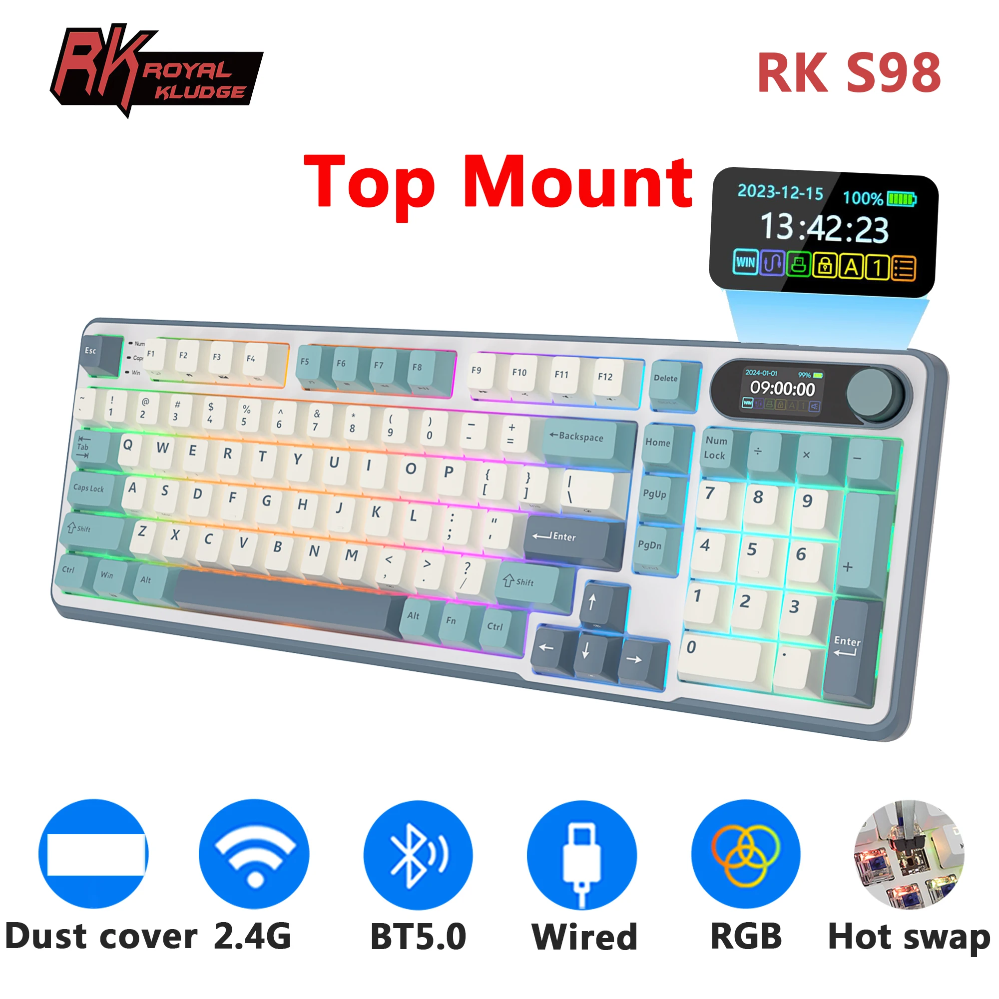 Teclado Mecânico RK ROYAL KLUDGE S98 com Tela TFT Montada na Parte Superior, 98 Teclas, RGB, BT5.0/2.4G/USB-C, Teclado Gamer Sem Fio Hot Swappable