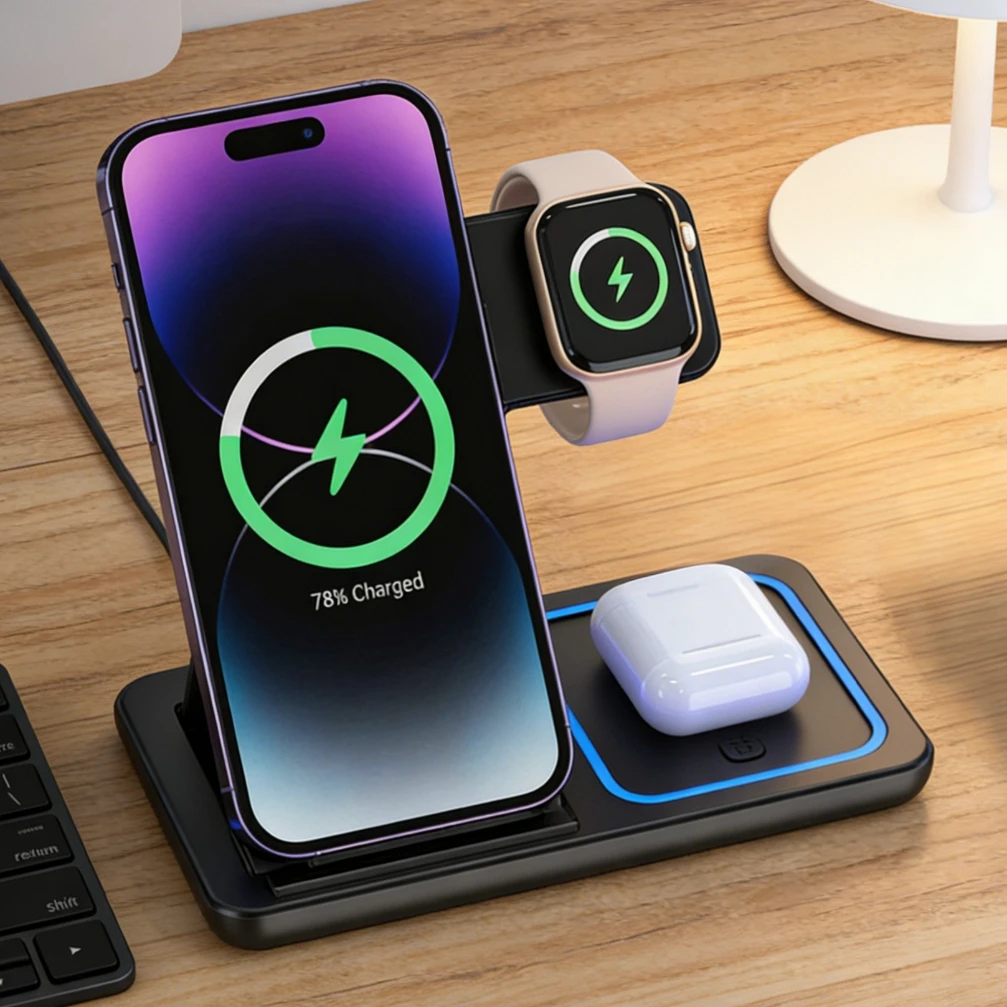 Estação de Carregamento Sem Fio Dobrável 3 em 1 para iPhone 17 16 15 14 13 12 Pro Max, iWatch 11, Airpods Pro 4/3 - Suporte Carregador Rápido
