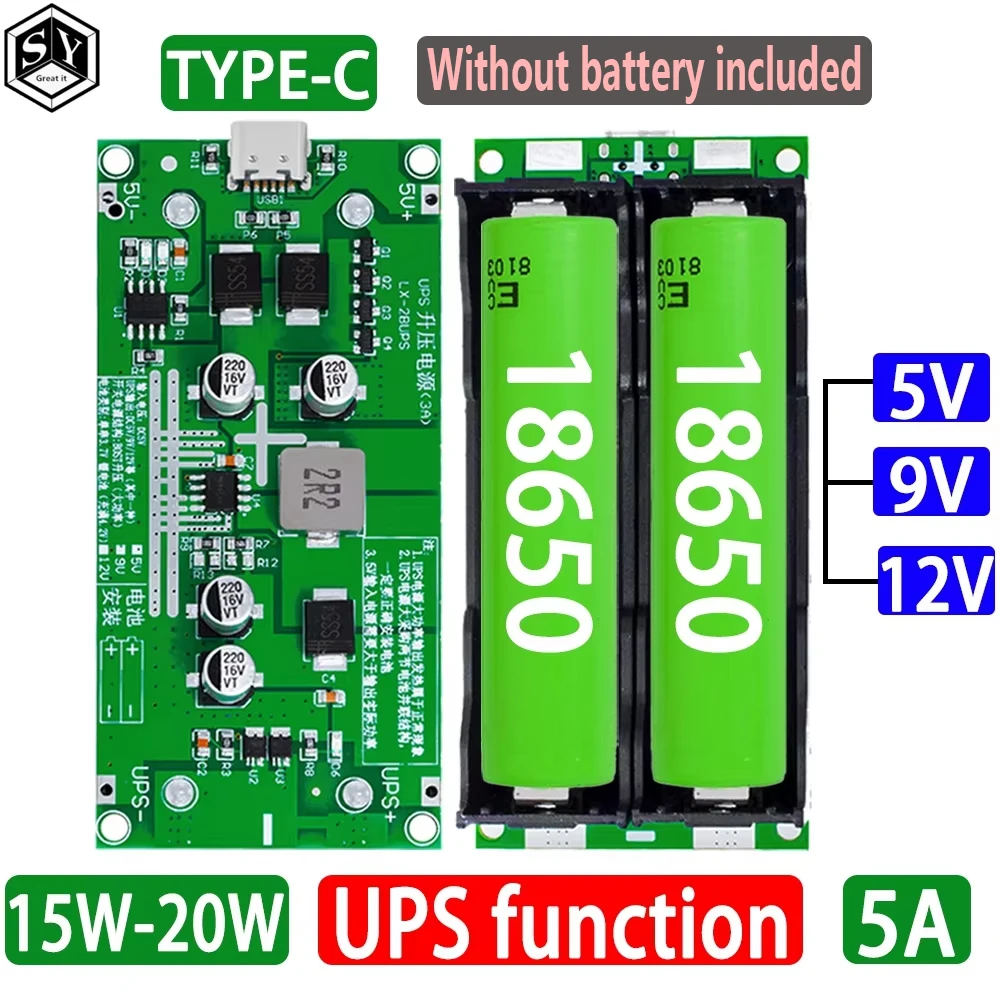 Tipo-C 15W 3A 18650 Módulo Carregador de Bateria de Lítio DC-DC Step Up Booster Carga Rápida UPS Fonte de Alimentação/Conversor 5V 9V 12V