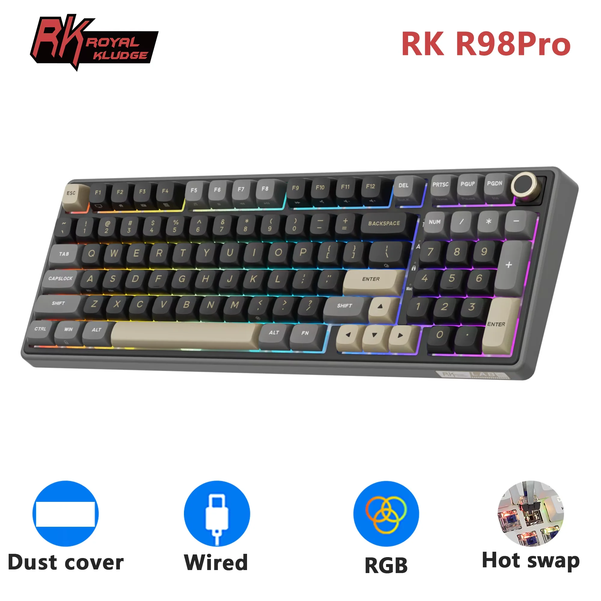 Teclado Mecânico RK ROYAL KLUDGE R98Pro com Fio, 98 Teclas, RGB, Hot-swappable, Botão Plugável, Teclado Gamer com Keycaps PBT