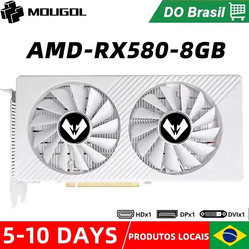 Placa de Vídeo MOUGOL AMD Radeon RX580 8GB para Jogos, GDDR5 256-bit PCI-E 3.0X16, RX580 8GB para Computador de Mesa, GPU Branca para Vídeo e Escritório