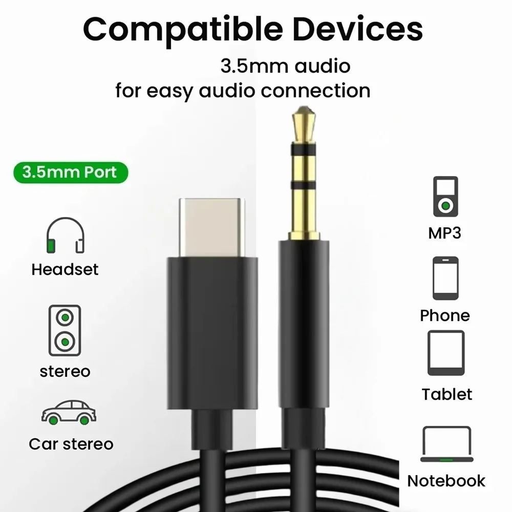 Cabo de Áudio USB Tipo C para Jack 3.5mm AUX com DAC para Alto-falante de Carro e Fone de Ouvido, Adaptador Conversor Tipo C