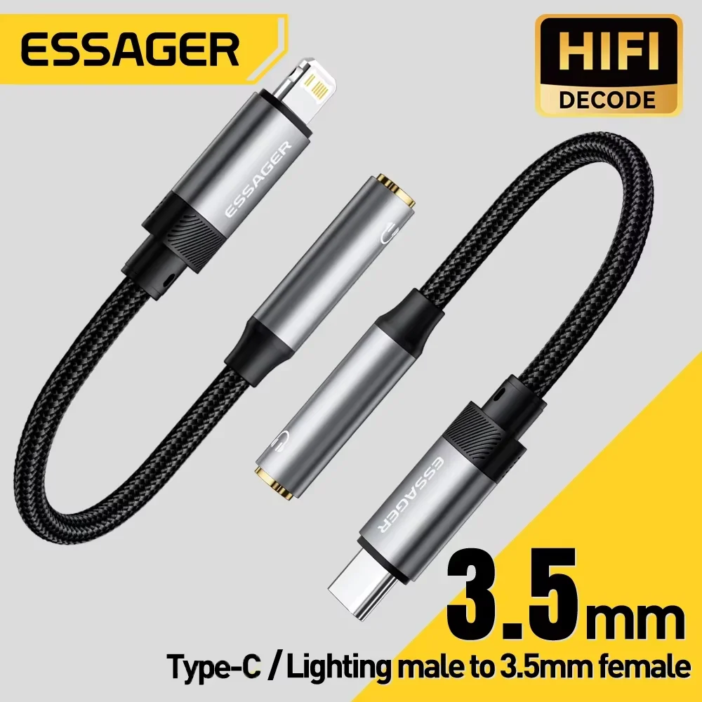 Cabo AUX Essager Tipo C para Jack 3.5mm para iPhone 15, Samsung, MacBook, Adaptador de Áudio Lighting para Fone de Ouvido 3.5mm para iPhone 14 13