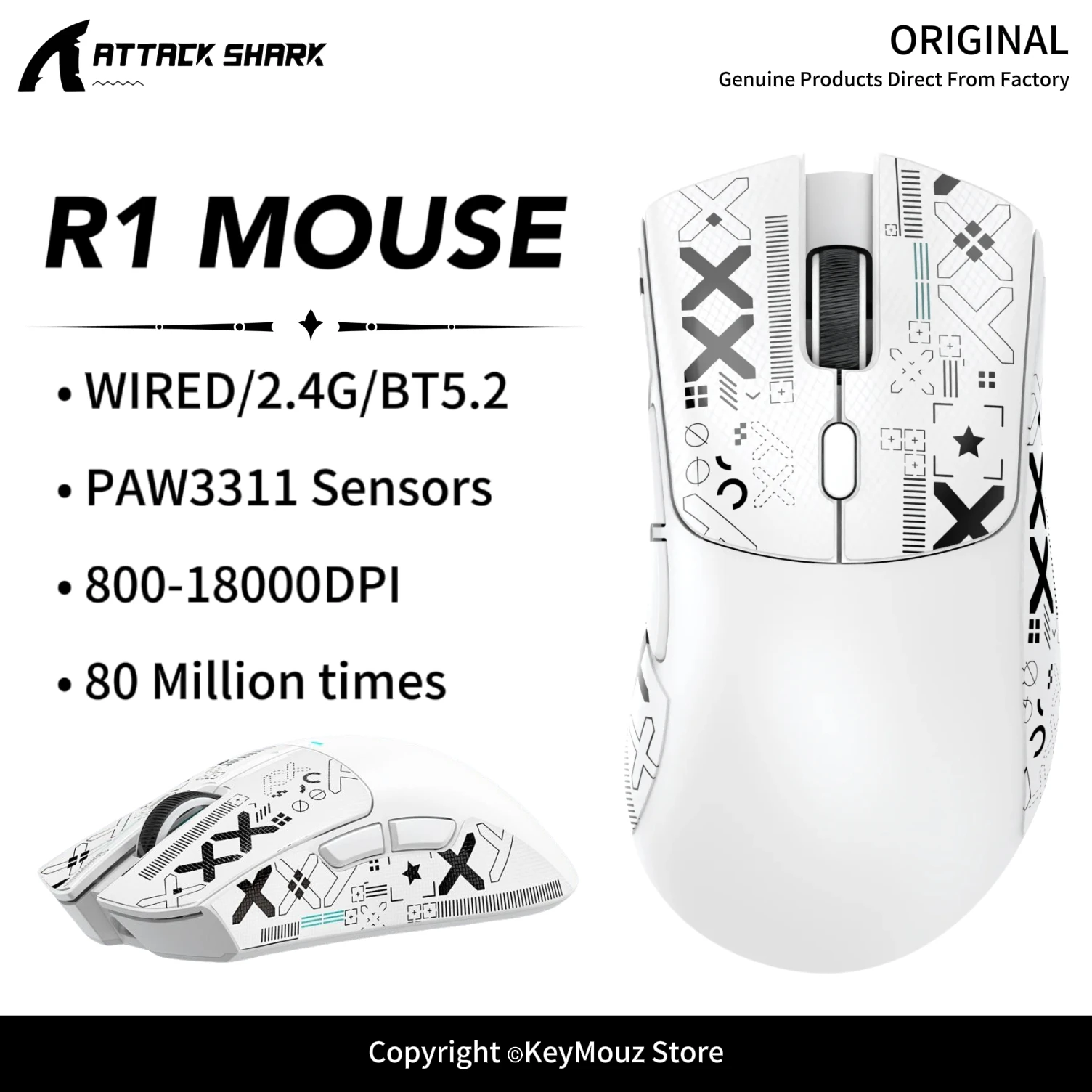 Mouse Gamer Sem Fio R1 ATTACK SHARK com Fita Antiderrapante PAW3311 18K DPI Tri-Mode com Fio 2.4G BT5.2 para PC Esports Gamer