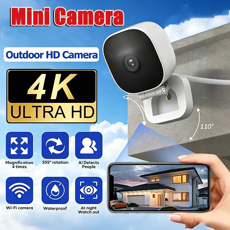 NOVA Câmera Mini Sem Fio 4K HD com Lente Grande Angular, Câmeras Web para Monitoramento Interno com APP, Visão Noturna, Áudio Bidirecional e Câmera à Prova d'Água IP65 ﻿