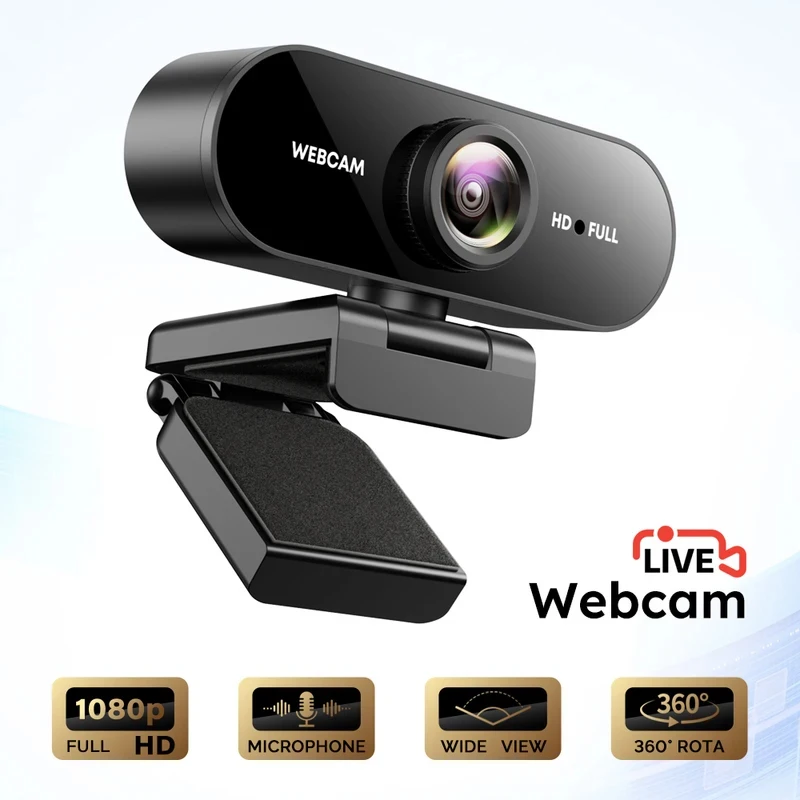 Webcam 1080P FHD com Microfone, Câmera USB para Laptop e Desktop, Lente Grande Angular para Aulas Online e Videoconferências Webcam 1080P FHD com Microfone, Câmera USB para Laptop e Desktop, Lente Grande Angular para Aulas Online e Videoconferências