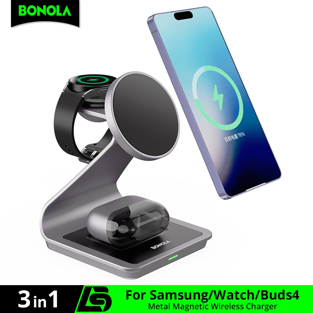 Estação de Carregamento Sem Fio Magnética 3 em 1 Bonola para Samsung S24 Ultra/S25/26, Suporte de Carregamento Rápido para Galaxy Watch 8/7/6/Fones de Ouvido Estação de Carregamento Sem Fio Magnética 3 em 1 Bonola para Samsung S24 Ultra/S25/26, Suporte de Carregamento Rápido para Galaxy Watch 8/7/6/Fones de Ouvido