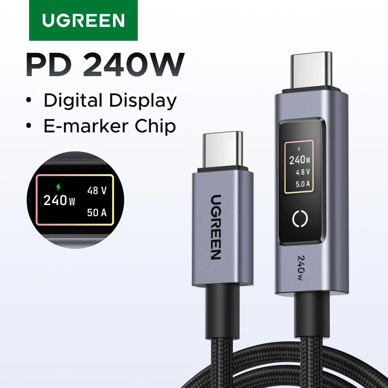 Cabo USB-C UGREEN PD240W com Display Digital, Cabo de Carregamento Inteligente para Laptop HP Dell MacBook iPhone Duo 18/17 Samsung S26/25 iPad Cabo USB-C UGREEN PD240W com Display Digital, Cabo de Carregamento Inteligente para Laptop HP Dell MacBook iPhone Duo 18/17 Samsung S26/25 iPad