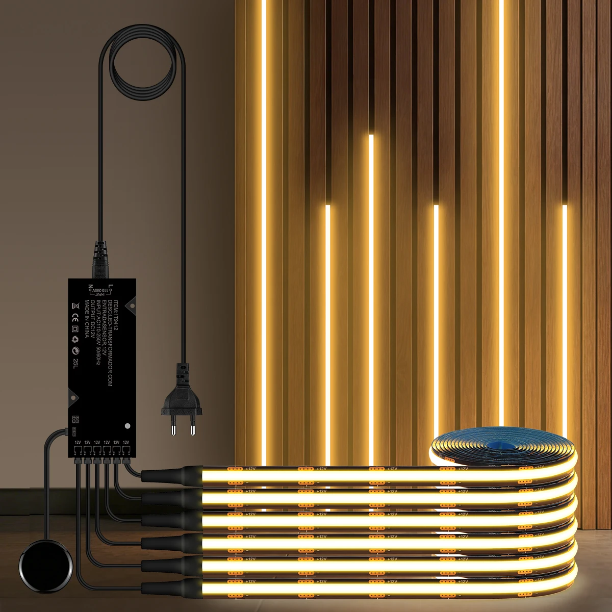 Fita de LED COB inteligente penetrável em madeira, com dimmer de toque, PCB preto, para grelha acústica, retroiluminação de TV, painel de parede, decoração de armário.