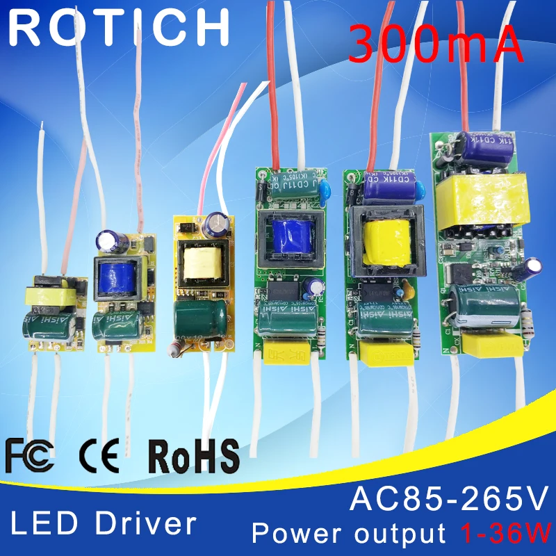 Fonte de alimentação para driver de LED 1-3W, 4-7W, 8-12W, 15-18W, 20-24W, 25-36W com corrente constante integrada, saída de 85-265V, transformador de 300mA.