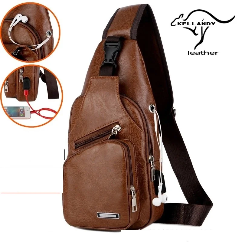 Bolsa de peito masculina Spot com ombro USB com furo para fone de ouvido