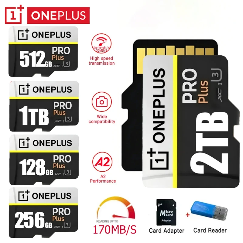 Cartão SD OnePlus 2TB de Alta Velocidade V30 A2 4K, Cartão de Memória de 512GB, 256GB, 1TB, Adaptador Micro TF SD para Smartphone/Tablet/PC