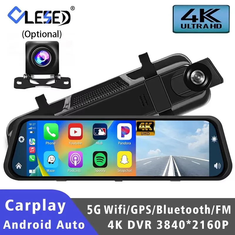 10 "traço cam 4k 3840*2160p carro dvr carplay android auto gps 5g wifi aux fluxo espelho retrovisor dashcam câmera gravador de unidade fm